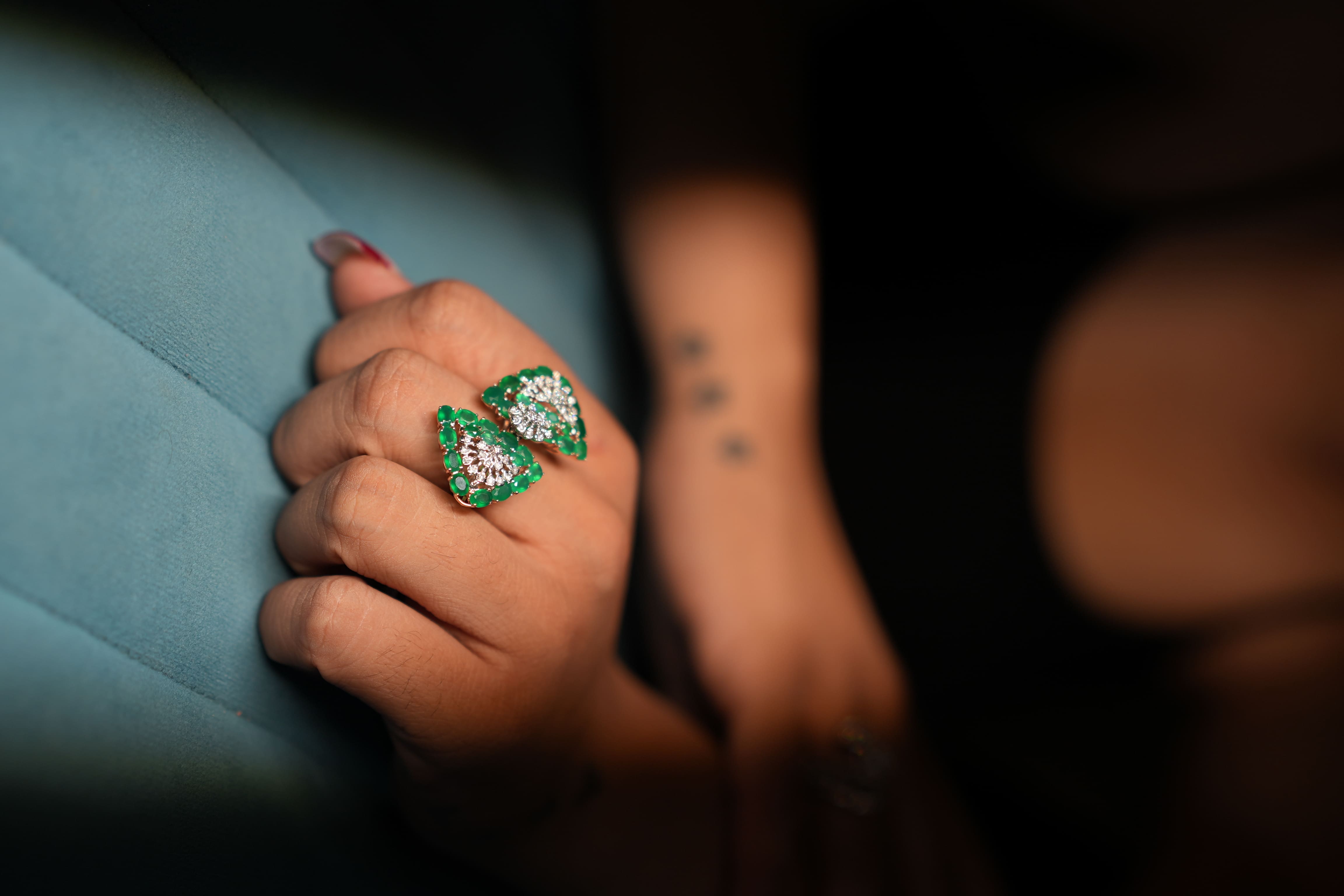 Green and white diamond triangle shape ring - NCWLR250