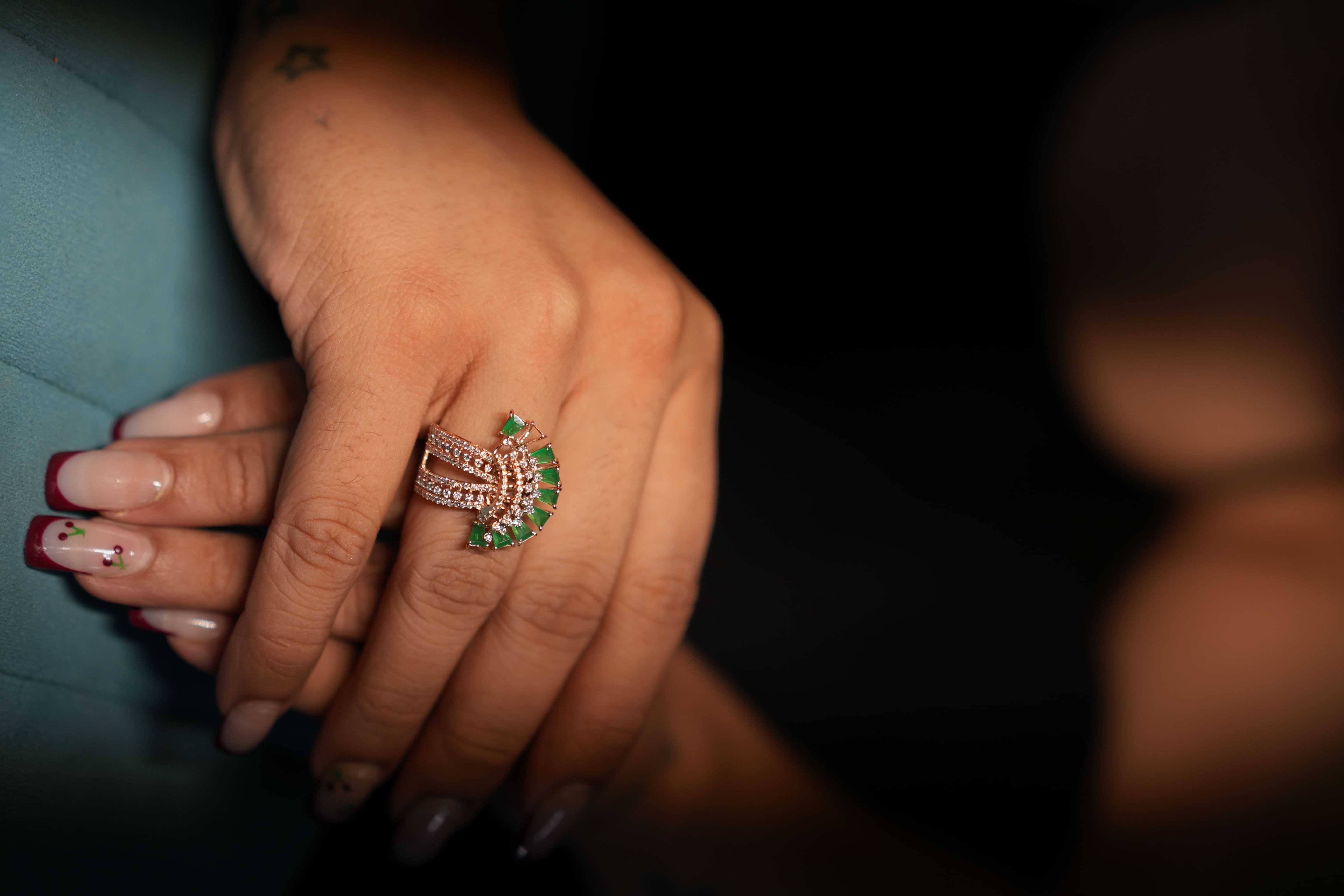 Green and White Diamond Half round shape ring - NCWLR60
